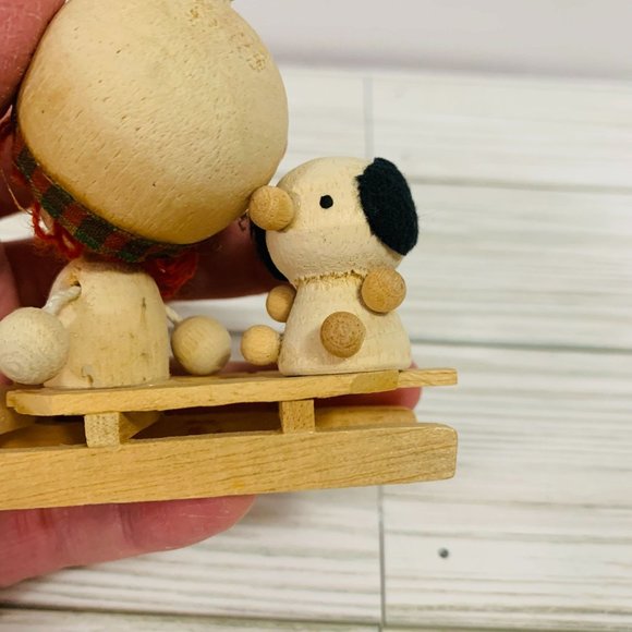 Vintage Handmade Wood Art Girl With Big And Puppy On Sleigh Figurine - Picture 3 of 9
